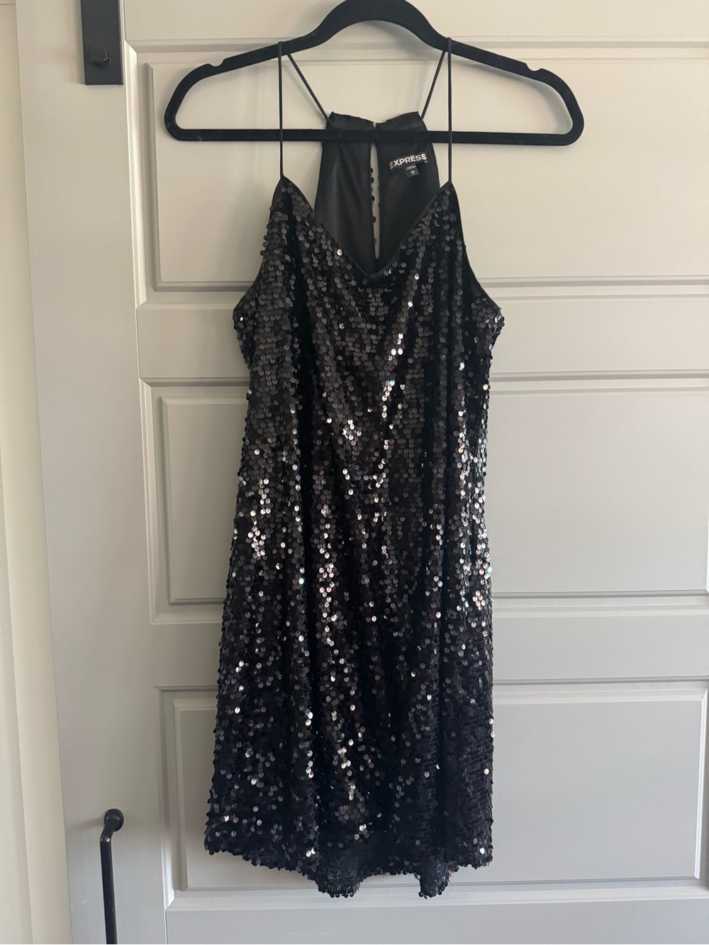 Express Black Sequin Spaghetti Strap Dress with V-Neck